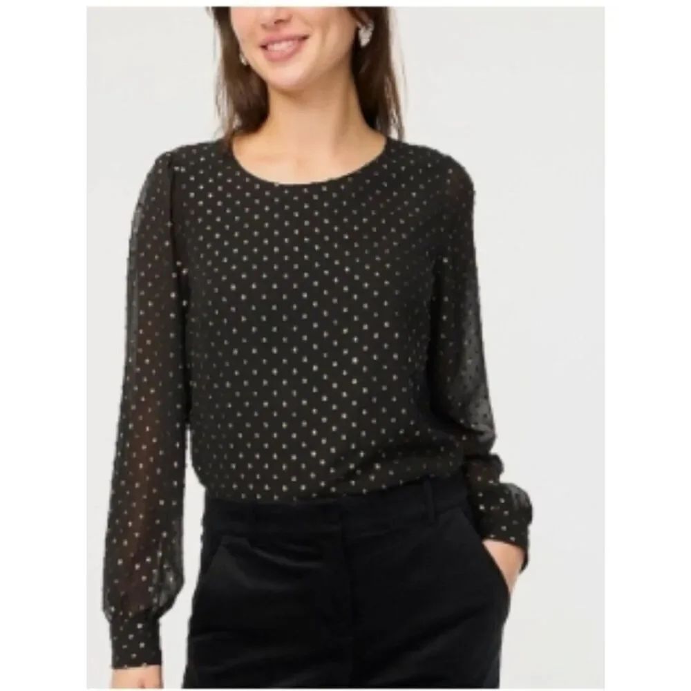 NWOT J.Crew Gold Shimmer Clip-Dot Top Black Long Sleeve in Size L